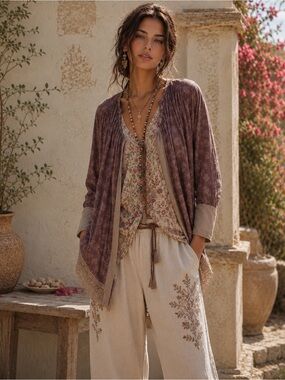 JOHNNY WAS CARDI LACE BROWN TOPPER CARDIGAN OVERSIZED OPEN TOP BLOUSE SZ XS NWT